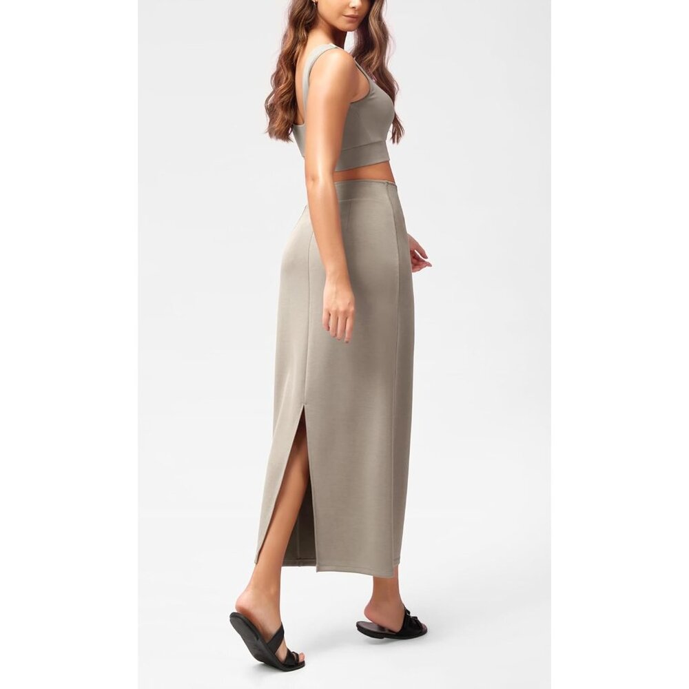 Women's Khaki Back Slit High Waist Casual Long Pencil Modal Soft Maxi Skirt - Picture 3 of 5